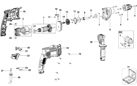 Default Diagram and Parts List for KR800KB-BR Type 1 Black and Decker Hammer